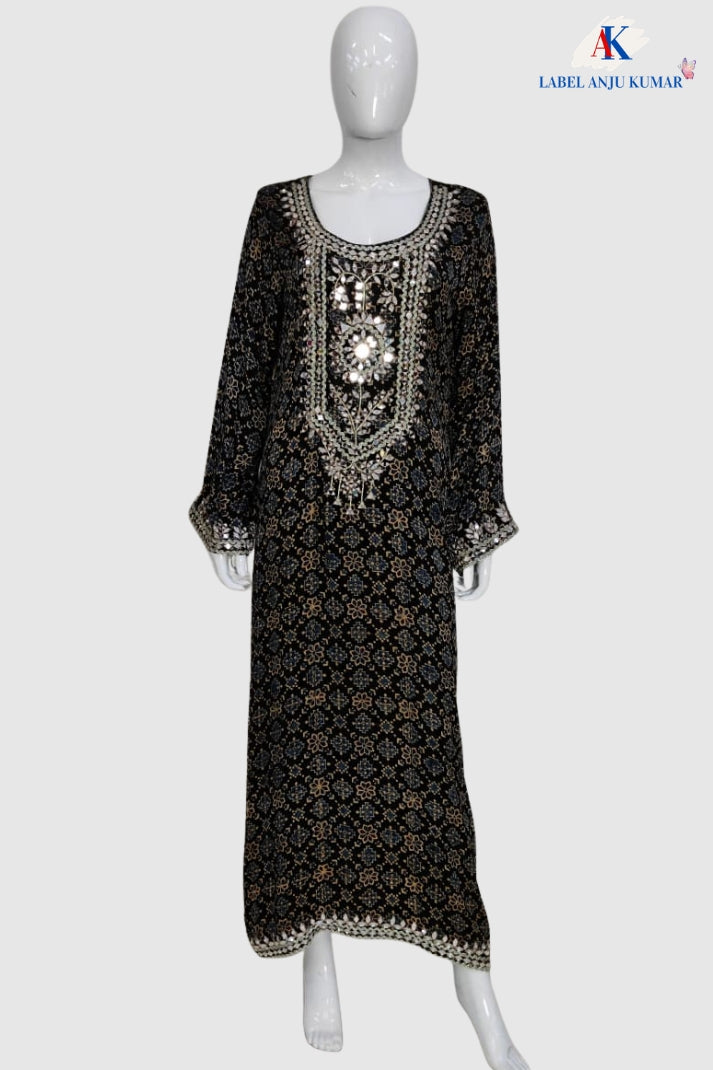 Black Pure Muslin Ajrak Print One Piece Dress with Heavy Mirror Work