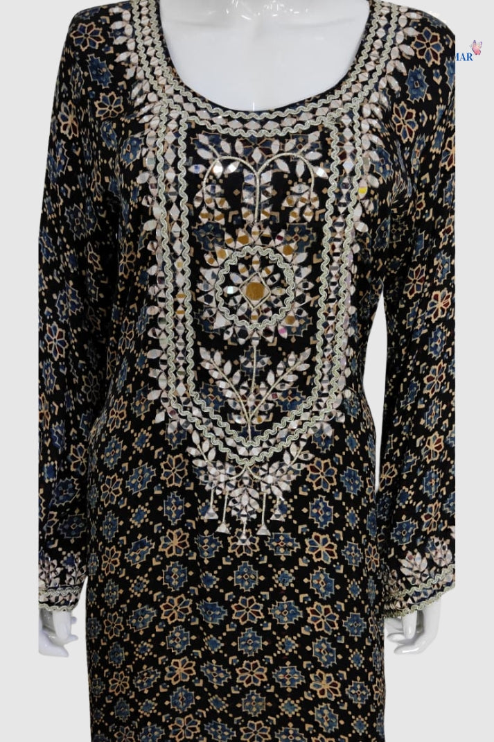 Black Pure Muslin Ajrak Print One Piece Dress with Heavy Mirror Work
