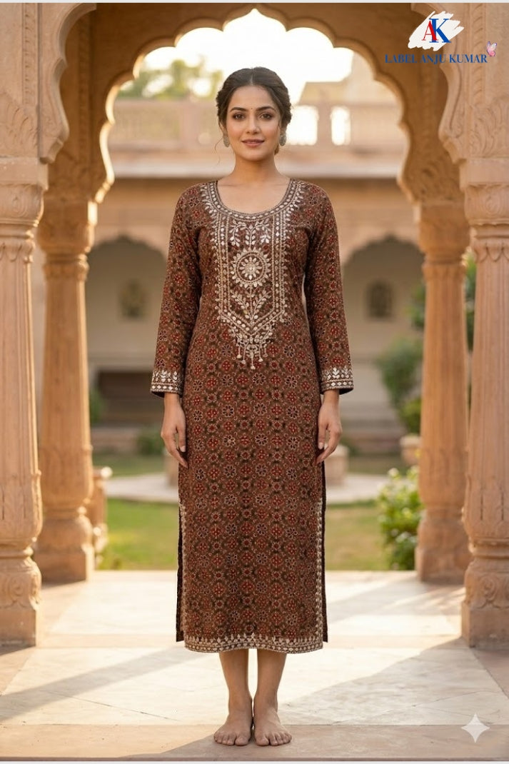 Brown Ajrak Print Muslin Long Dress for Women | Semi-Formal Ethnic Wear