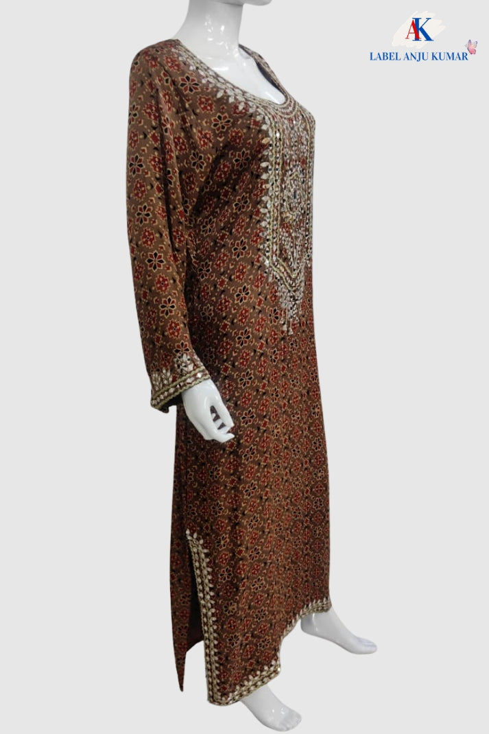 Brown Ajrak Print Muslin Long Dress for Women | Semi-Formal Ethnic Wear