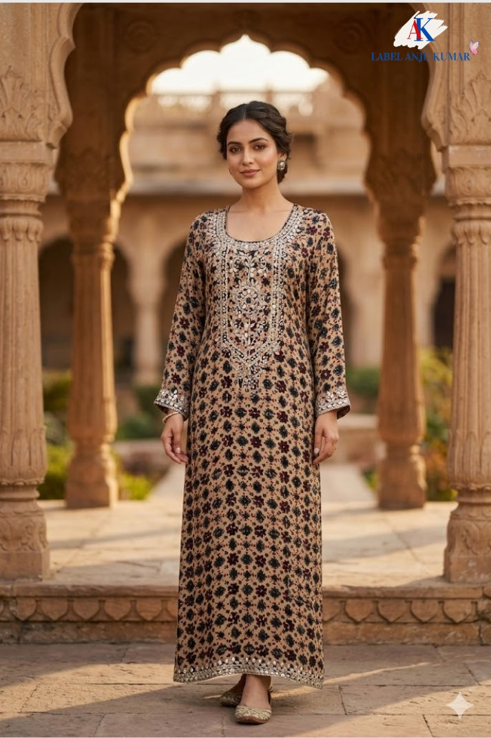 Light Beige Muslin Ajrak Print Long Dress for Women | Elegant Ethnic Fashion