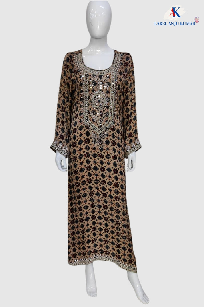 Light Beige Muslin Ajrak Print Long Dress for Women | Elegant Ethnic Fashion