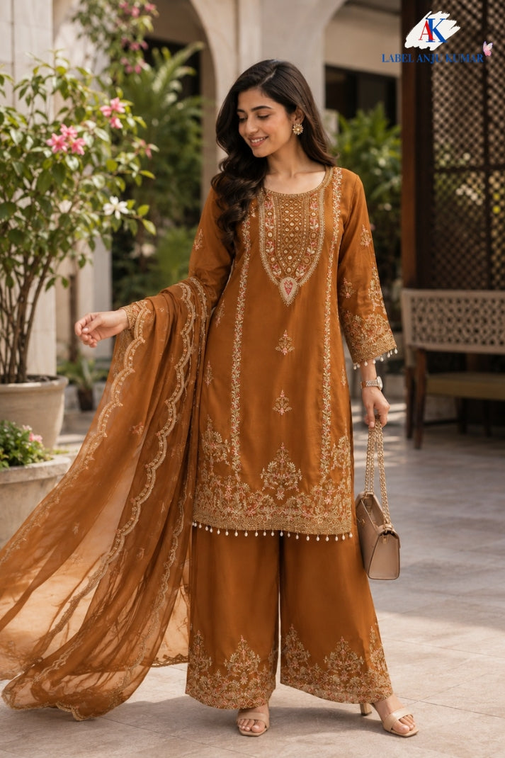 Rust Pure Chinnon Party Wear Short Suit with Mirror Embroidery