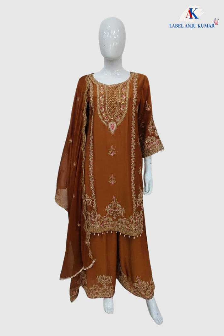 Rust Pure Chinnon Party Wear Short Suit with Mirror Embroidery
