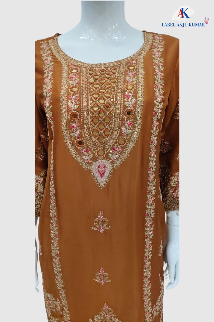 Rust Pure Chinnon Party Wear Short Suit with Mirror Embroidery
