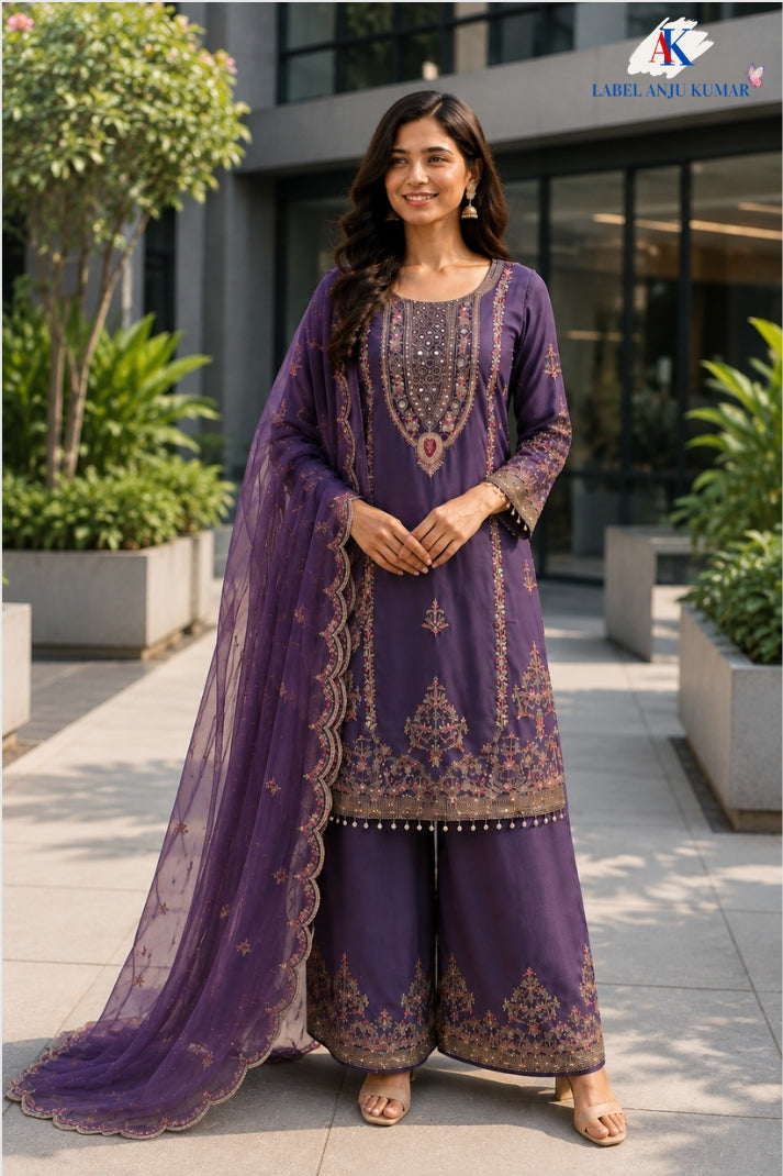 Light Purple Pure Chinnon Designer Short Suit with Mirror Work