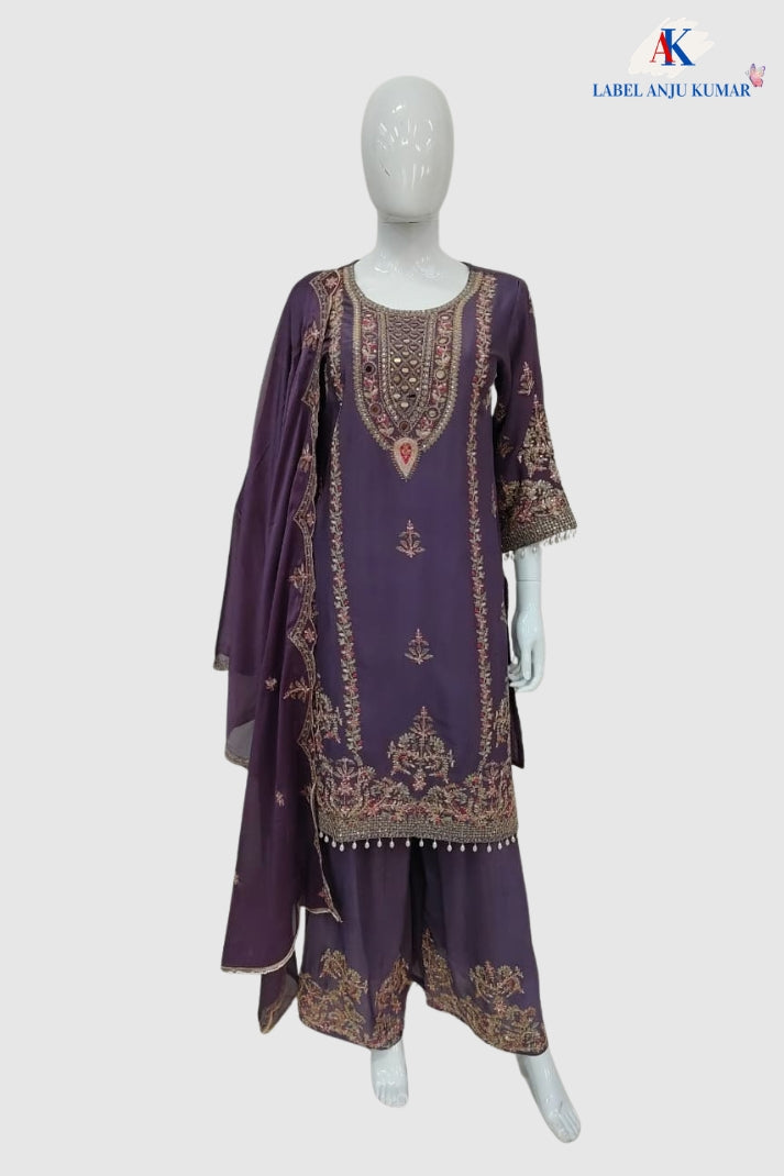 Light Purple Pure Chinnon Designer Short Suit with Mirror Work