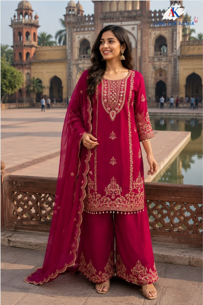 Wine Premium Pure Chinnon Short Length Suit with Designer Dupatta