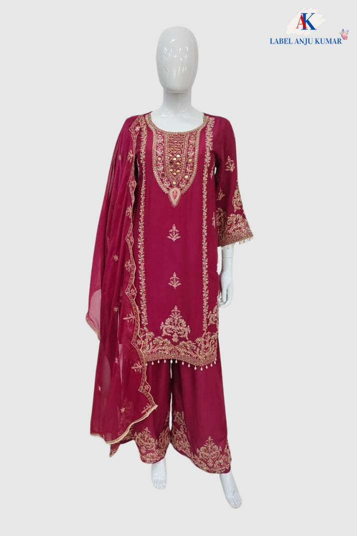 Wine Premium Pure Chinnon Short Length Suit with Designer Dupatta