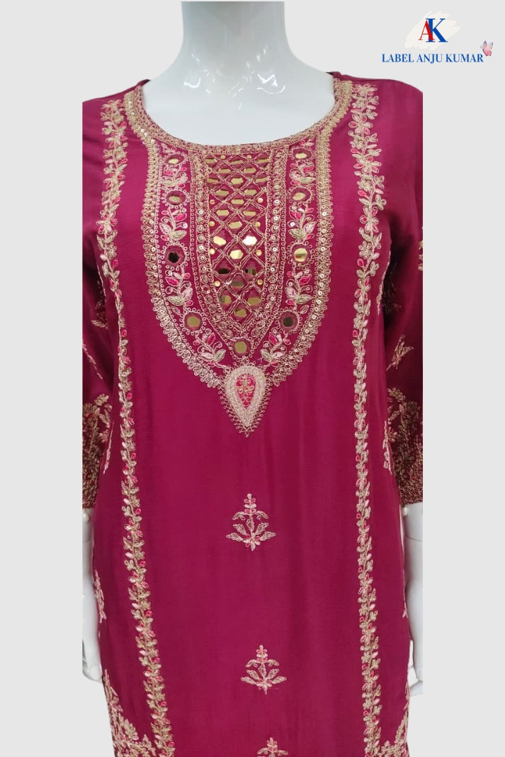 Wine Premium Pure Chinnon Short Length Suit with Designer Dupatta