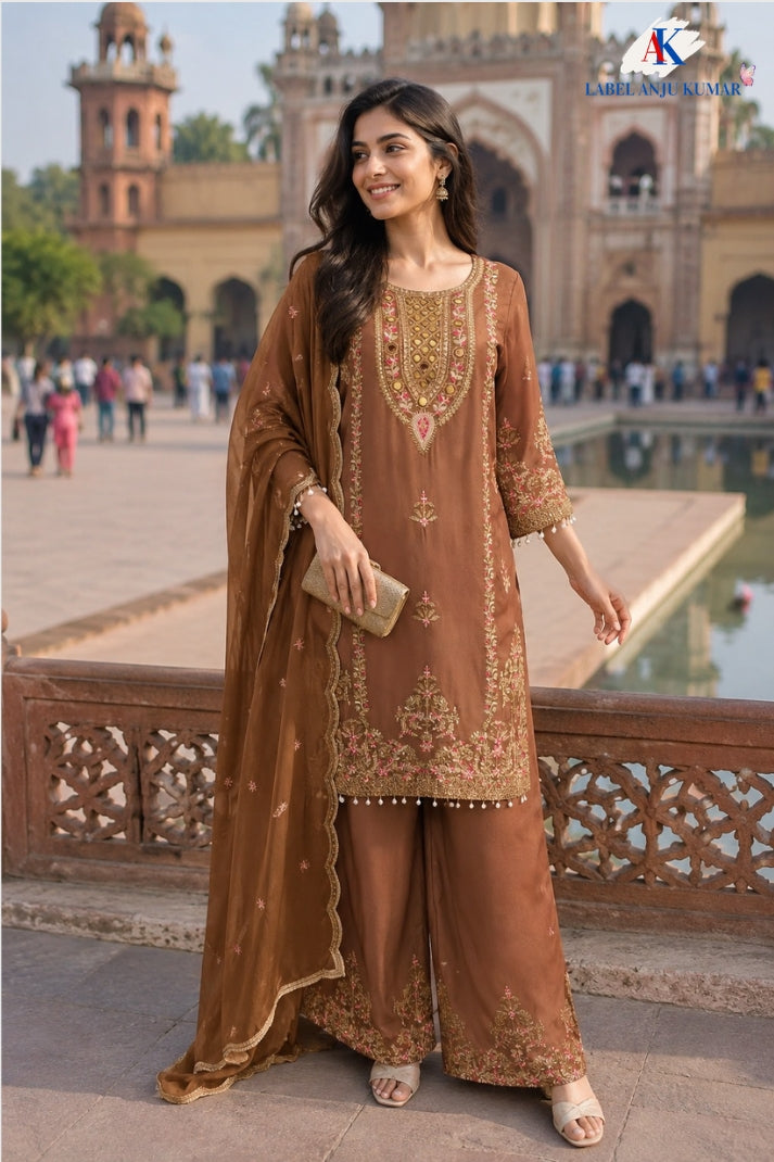 Rose Gold Pure Chinnon Short Length Suit with Heavy Thread & Mirror Work