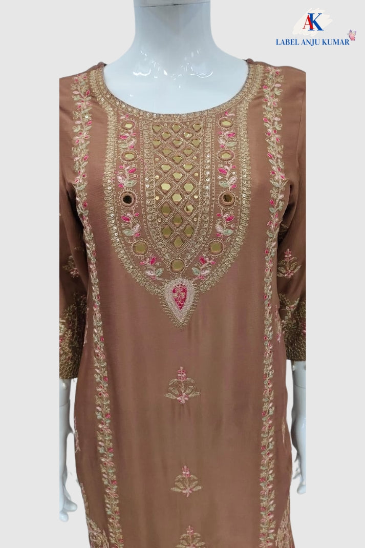 Rose Gold Pure Chinnon Short Length Suit with Heavy Thread & Mirror Work