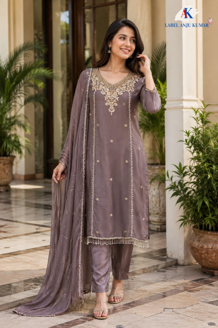 Mouse Premium Silk Hand Embroidered Straight Suit Set