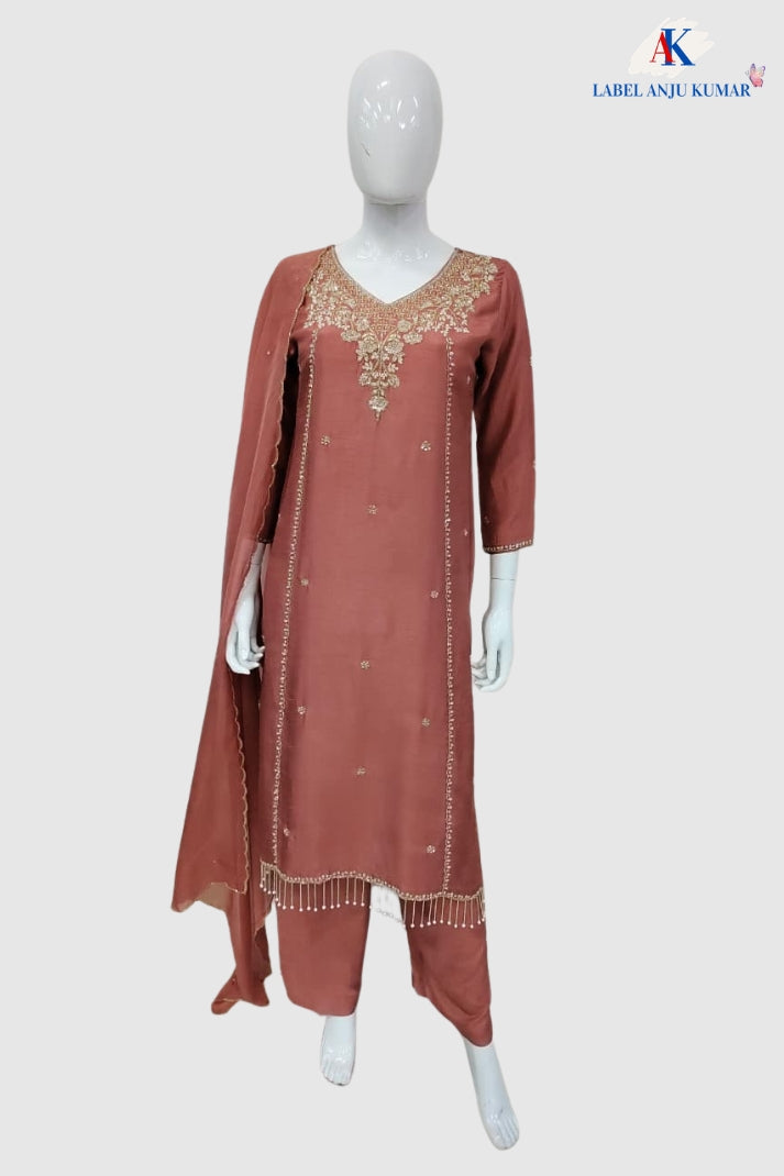 Light Rust Premium Silk Straight Suit with Pure Hand Embroidery & Organza Dupatta