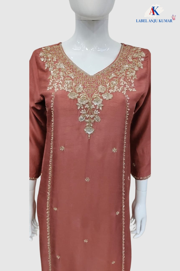 Light Rust Premium Silk Straight Suit with Pure Hand Embroidery & Organza Dupatta