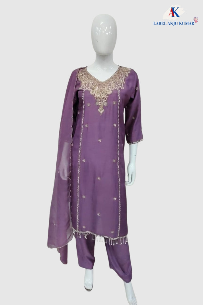 Light Purple Premium Silk Straight Suit with Organza Dupatta