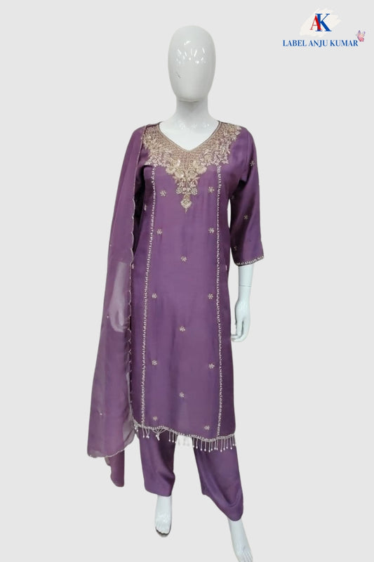 Light Purple Premium Silk Straight Suit with Organza Dupatta