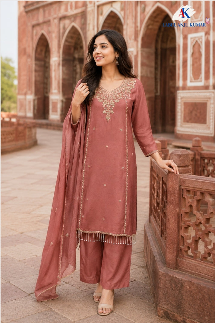 Light Rust Premium Silk Straight Suit with Pure Hand Embroidery & Organza Dupatta