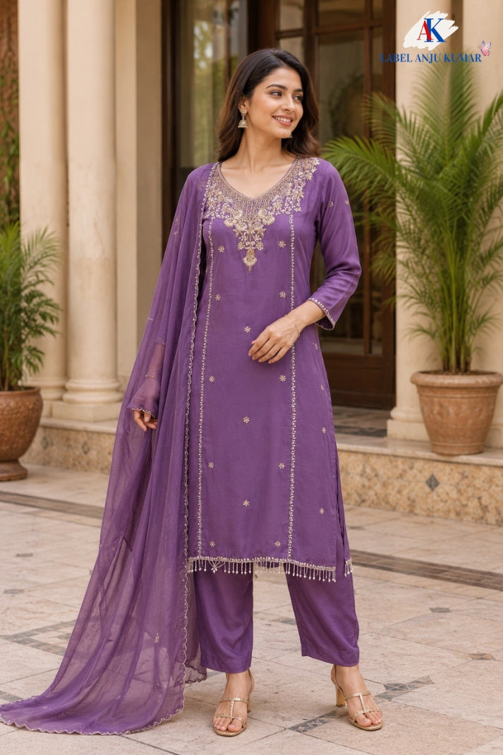 Light Purple Premium Silk Straight Suit with Organza Dupatta