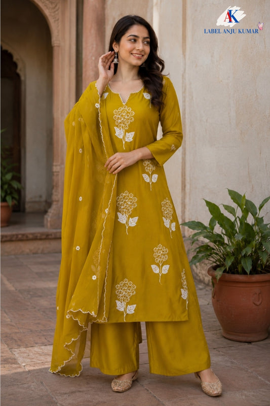 Yellow Pure Mal Chanderi A-Line Suit with Thread & Dori Work