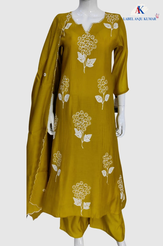 Yellow Pure Mal Chanderi A-Line Suit with Thread & Dori Work