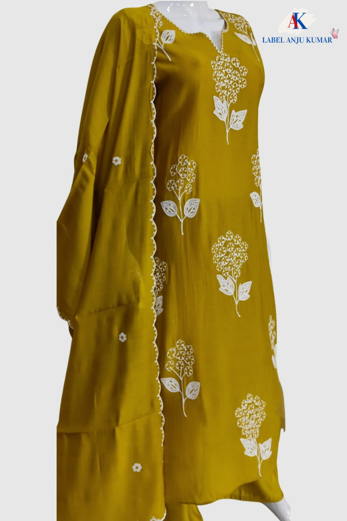 Yellow Pure Mal Chanderi A-Line Suit with Thread & Dori Work