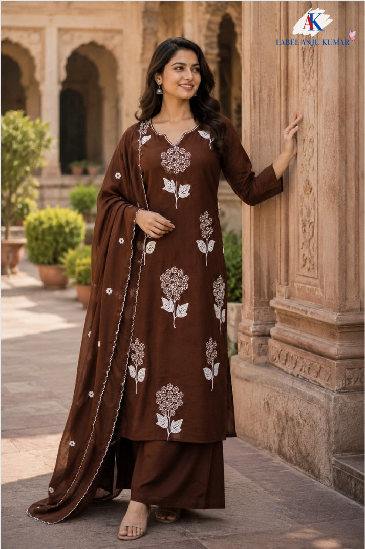 Dark Brown Pure Mal Chanderi A-Line Suit with Coordinated Dupatta