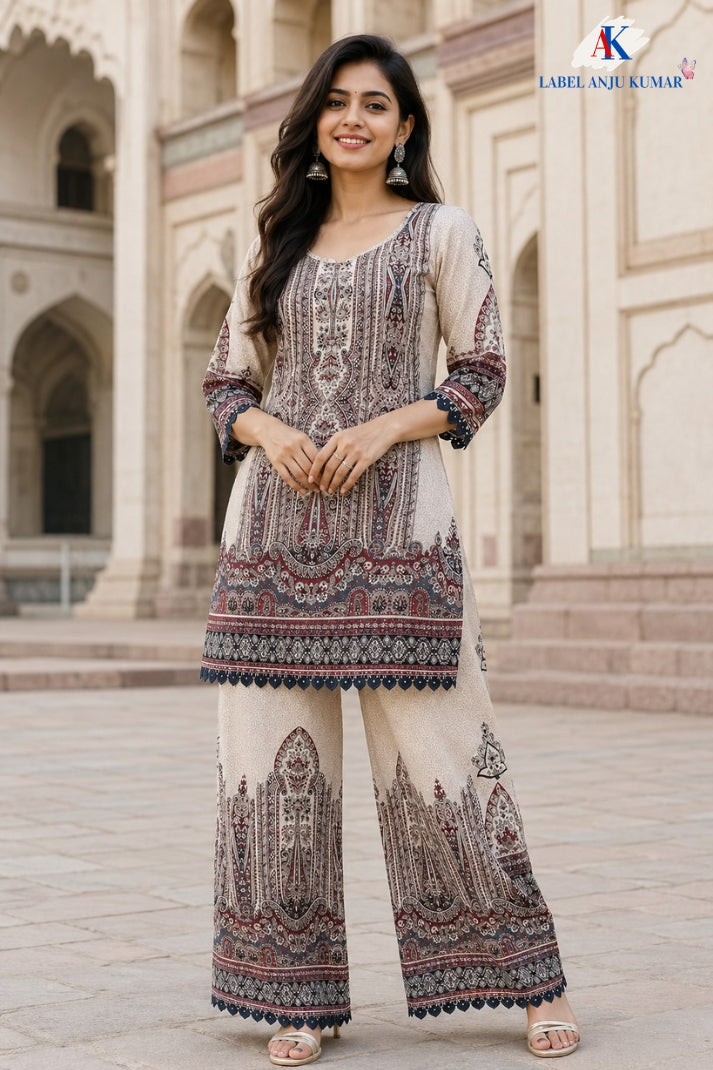 Beige Premium Modal Digital Printed Co-ord Set with Swarovski Work
