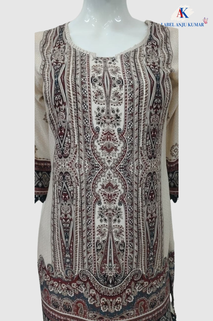 Beige Premium Modal Digital Printed Co-ord Set with Swarovski Work