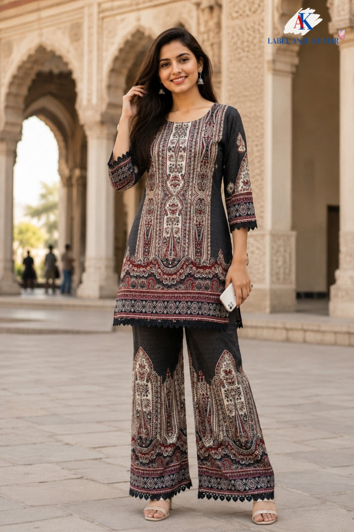 Black Premium Modal Digital Printed Semi-Formal Co-ord Set with Swarovski Highlighting