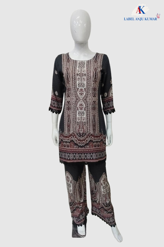 Black Premium Modal Digital Printed Semi-Formal Co-ord Set with Swarovski Highlighting