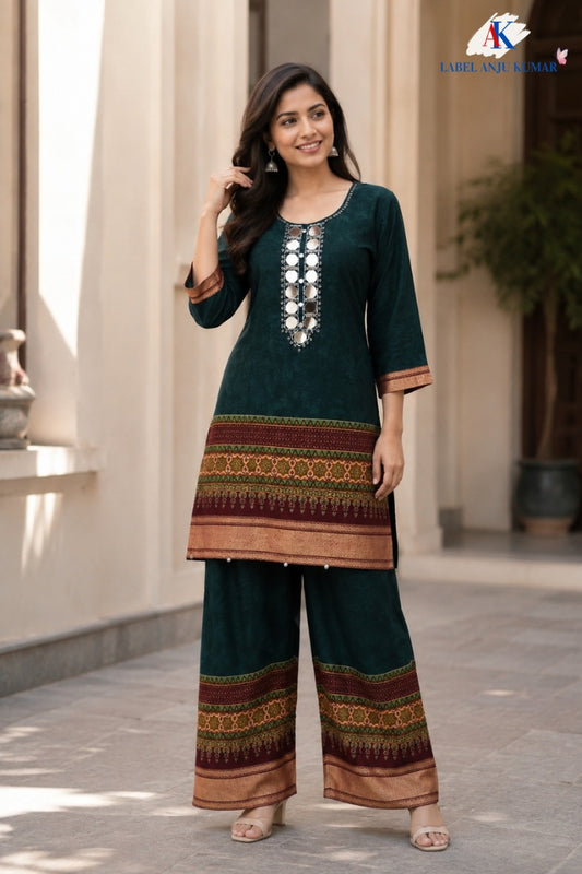 Bottle Green Premium Modal Rayon Digital Printed Designer Co-ord Set