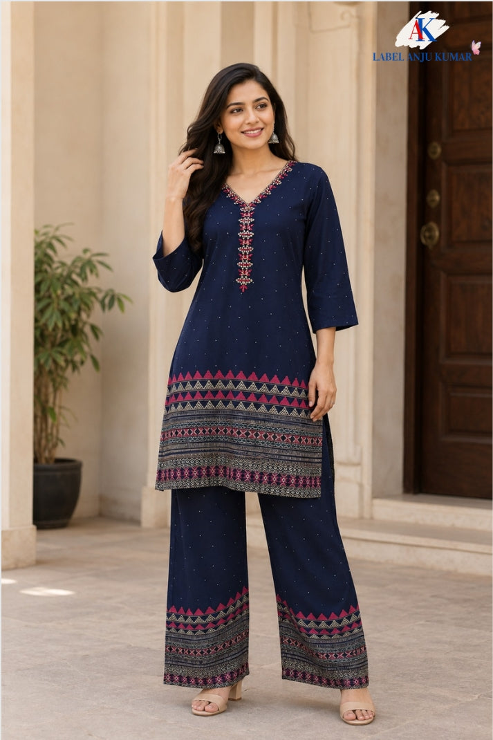 Navy Blue Premium Gajji Digital Printed Designer Co-ord Set