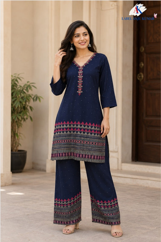 Navy Blue Premium Gajji Digital Printed Designer Co-ord Set