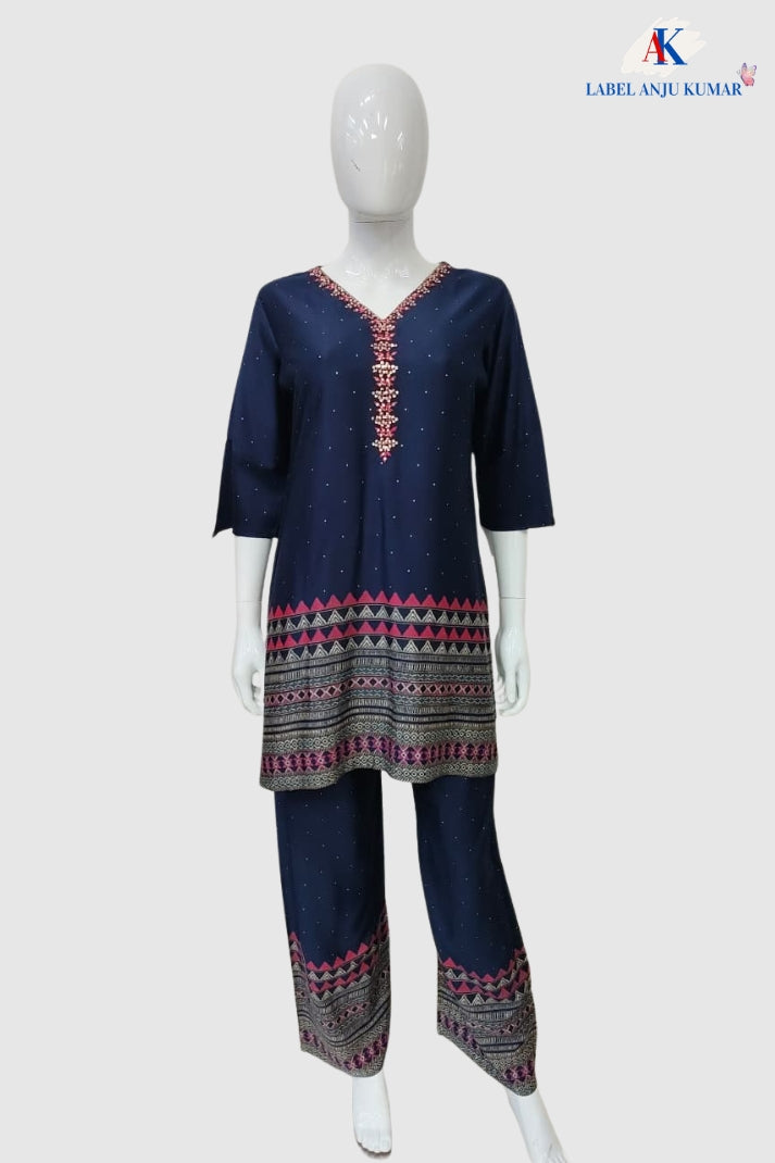 Navy Blue Premium Gajji Digital Printed Designer Co-ord Set