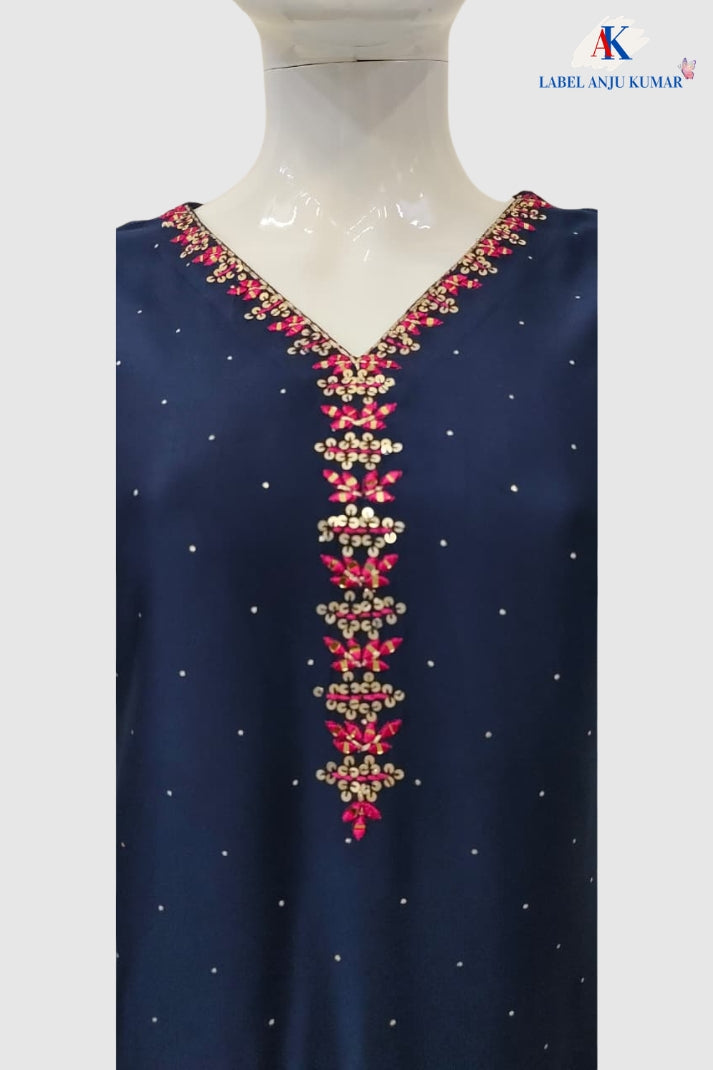 Navy Blue Premium Gajji Digital Printed Designer Co-ord Set