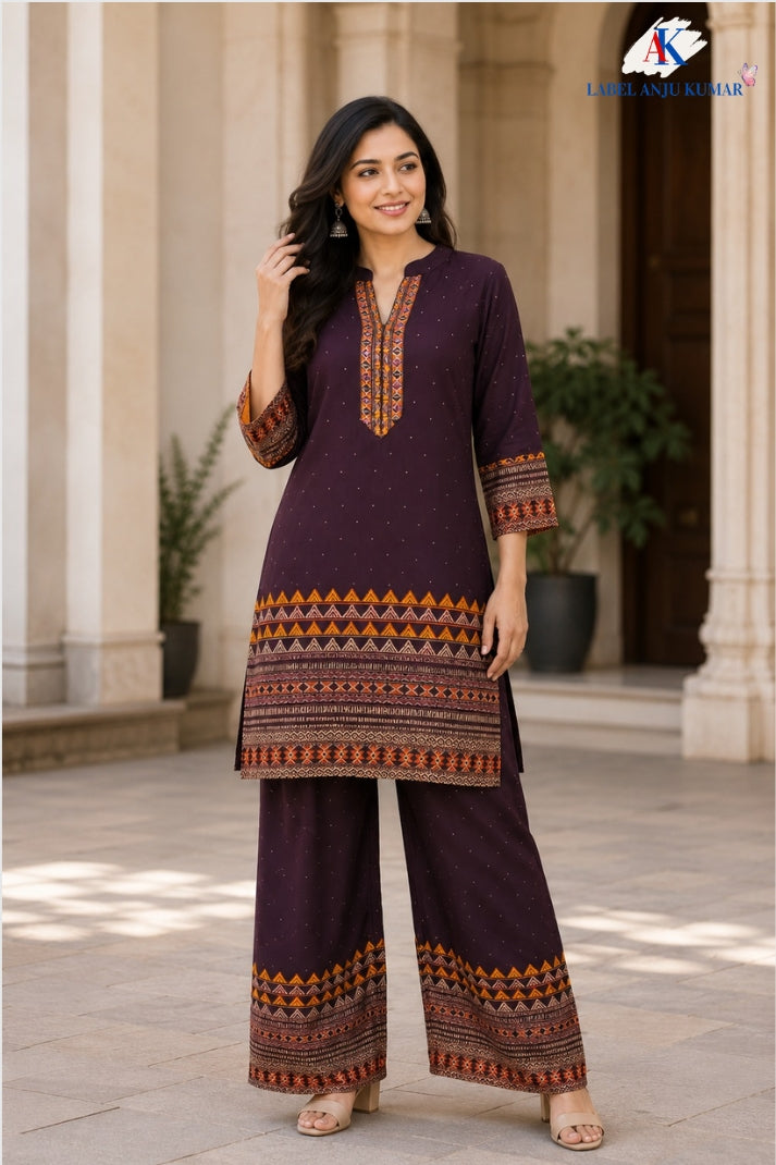 Brown Premium Gajji Digital Printed Semi-Formal Co-ord Set with Hand Embroidery