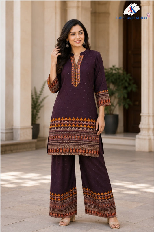 Brown Premium Gajji Digital Printed Semi-Formal Co-ord Set with Hand Embroidery