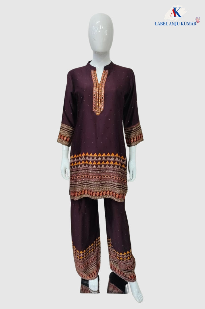 Brown Premium Gajji Digital Printed Semi-Formal Co-ord Set with Hand Embroidery
