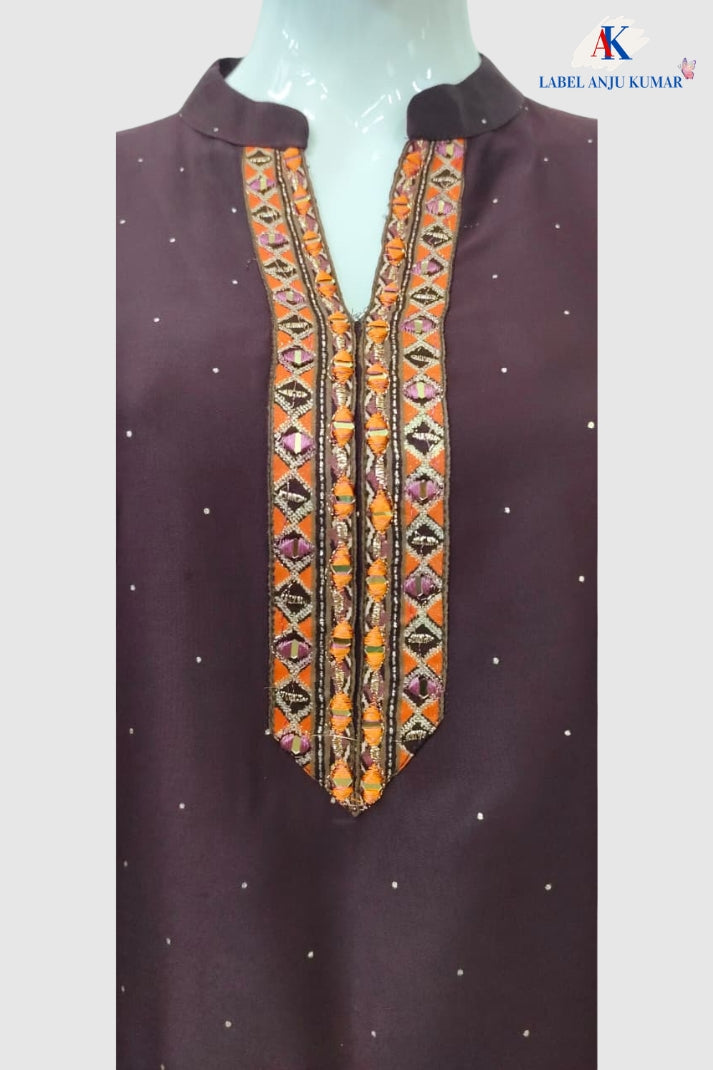 Brown Premium Gajji Digital Printed Semi-Formal Co-ord Set with Hand Embroidery
