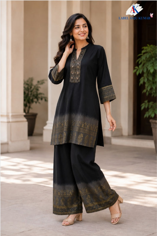 Black Premium Gajji Digital Printed Co-ord Set with Embroidered Neck