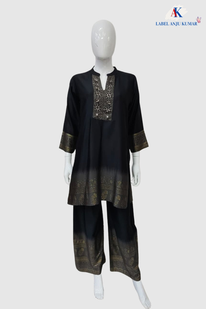 Black Premium Gajji Digital Printed Co-ord Set with Embroidered Neck