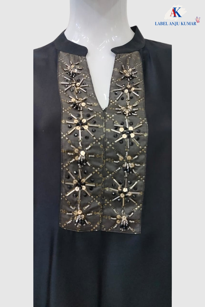 Black Premium Gajji Digital Printed Co-ord Set with Embroidered Neck