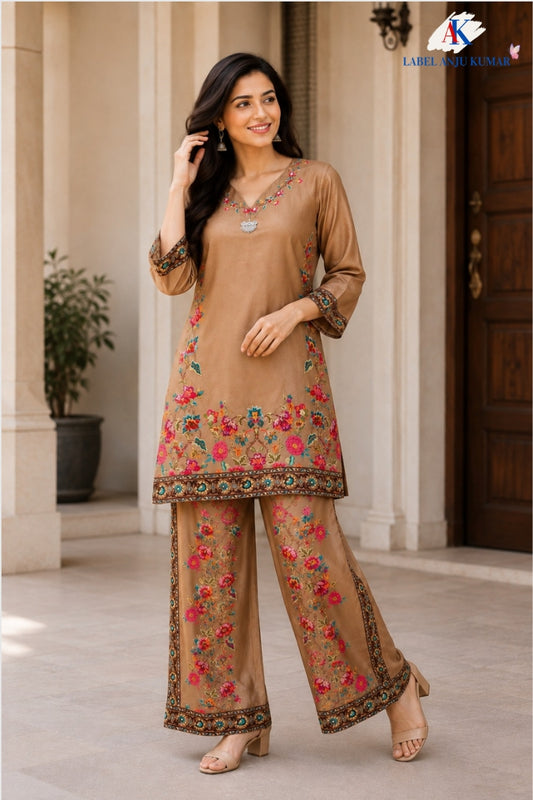 Beige Premium Pure Crepe Digital Printed Semi-Formal Co-ord Set
