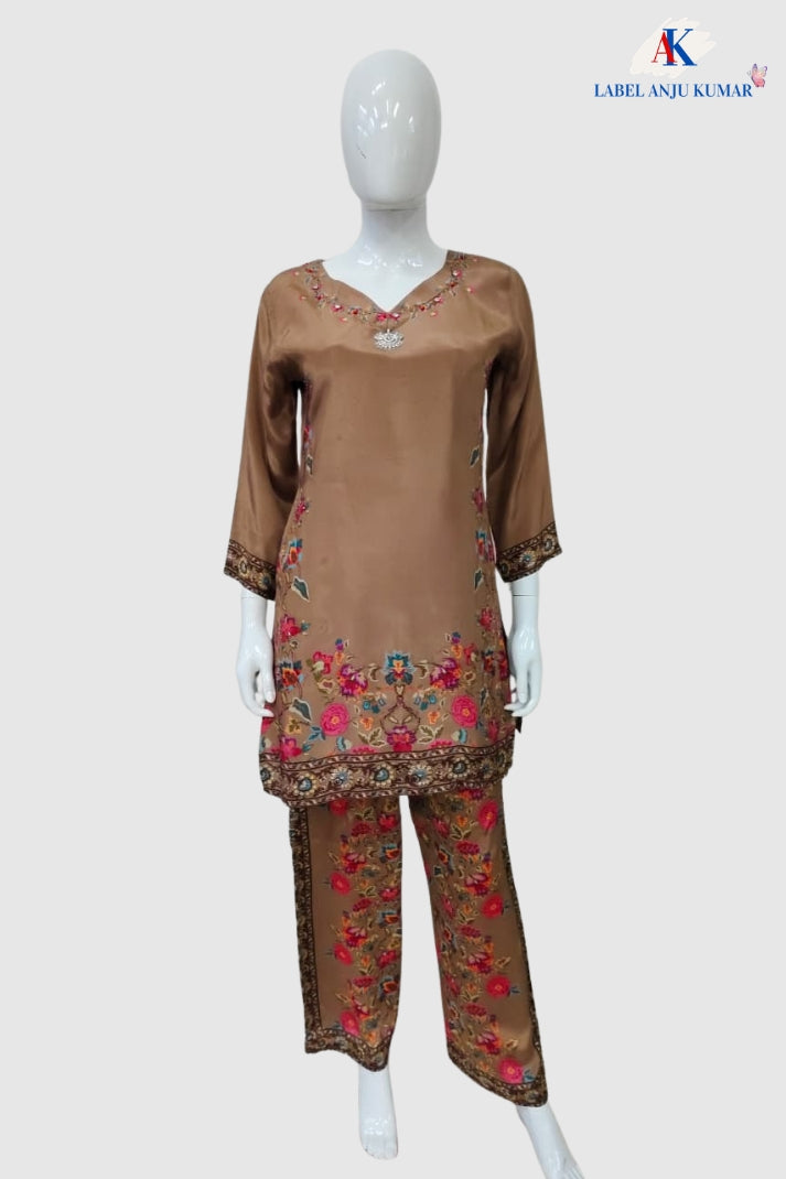 Beige Premium Pure Crepe Digital Printed Semi-Formal Co-ord Set