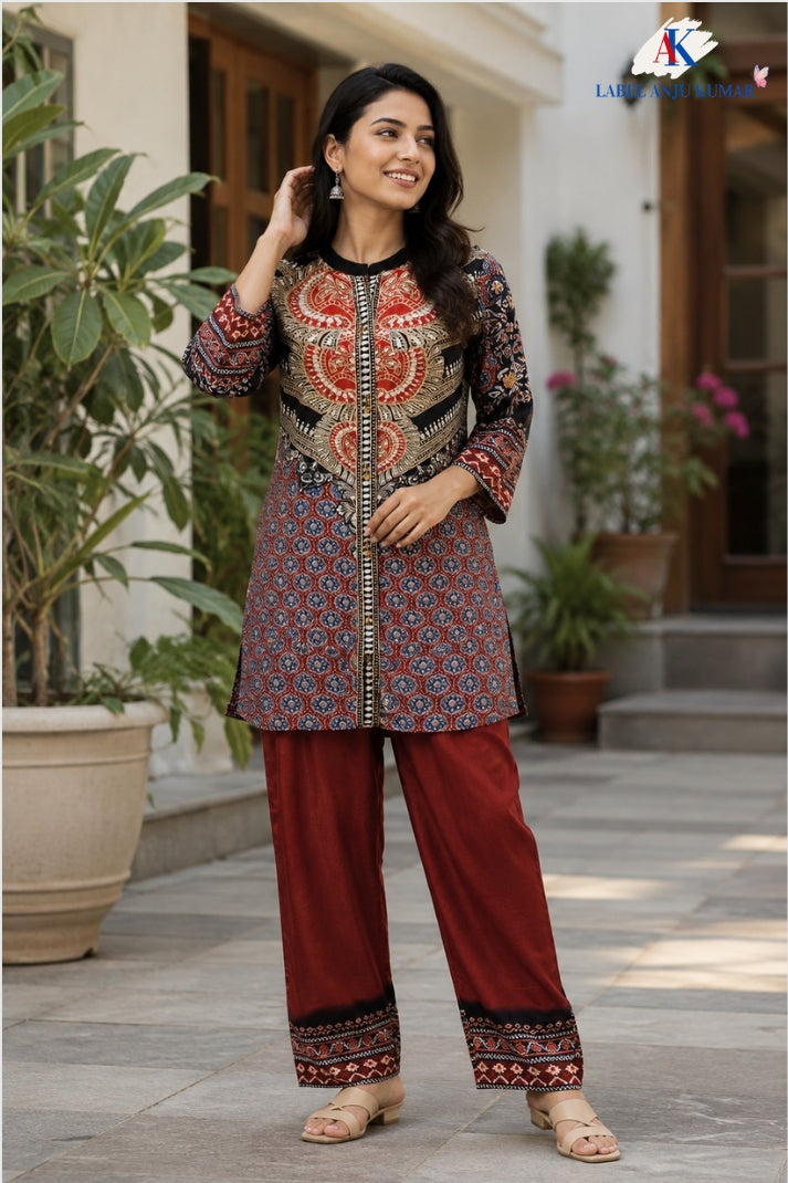 Rust Premium Pure Crepe Digital Printed Semi-Formal Co-ord Set with Embroidered Neck Yoke