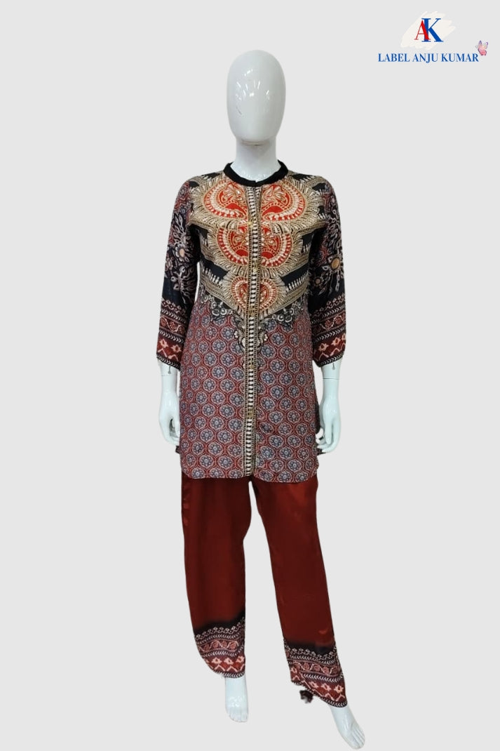 Rust Premium Pure Crepe Digital Printed Semi-Formal Co-ord Set with Embroidered Neck Yoke