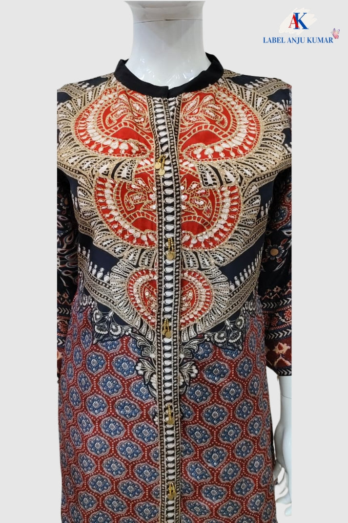 Rust Premium Pure Crepe Digital Printed Semi-Formal Co-ord Set with Embroidered Neck Yoke