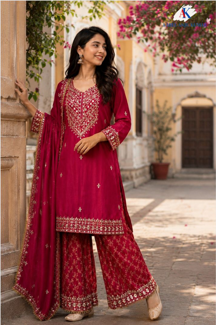 Magenta Pink Premium Soft Tissue Formal Suit with Heavy Mirror Work