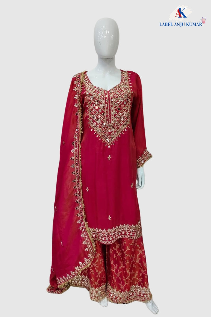 Magenta Pink Premium Soft Tissue Formal Suit with Heavy Mirror Work